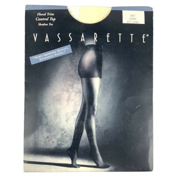 Vassarette Pantyhose Medium Long Ivory Floral Control Top Shadow Toe Style 9071A - Picture 1 of 3